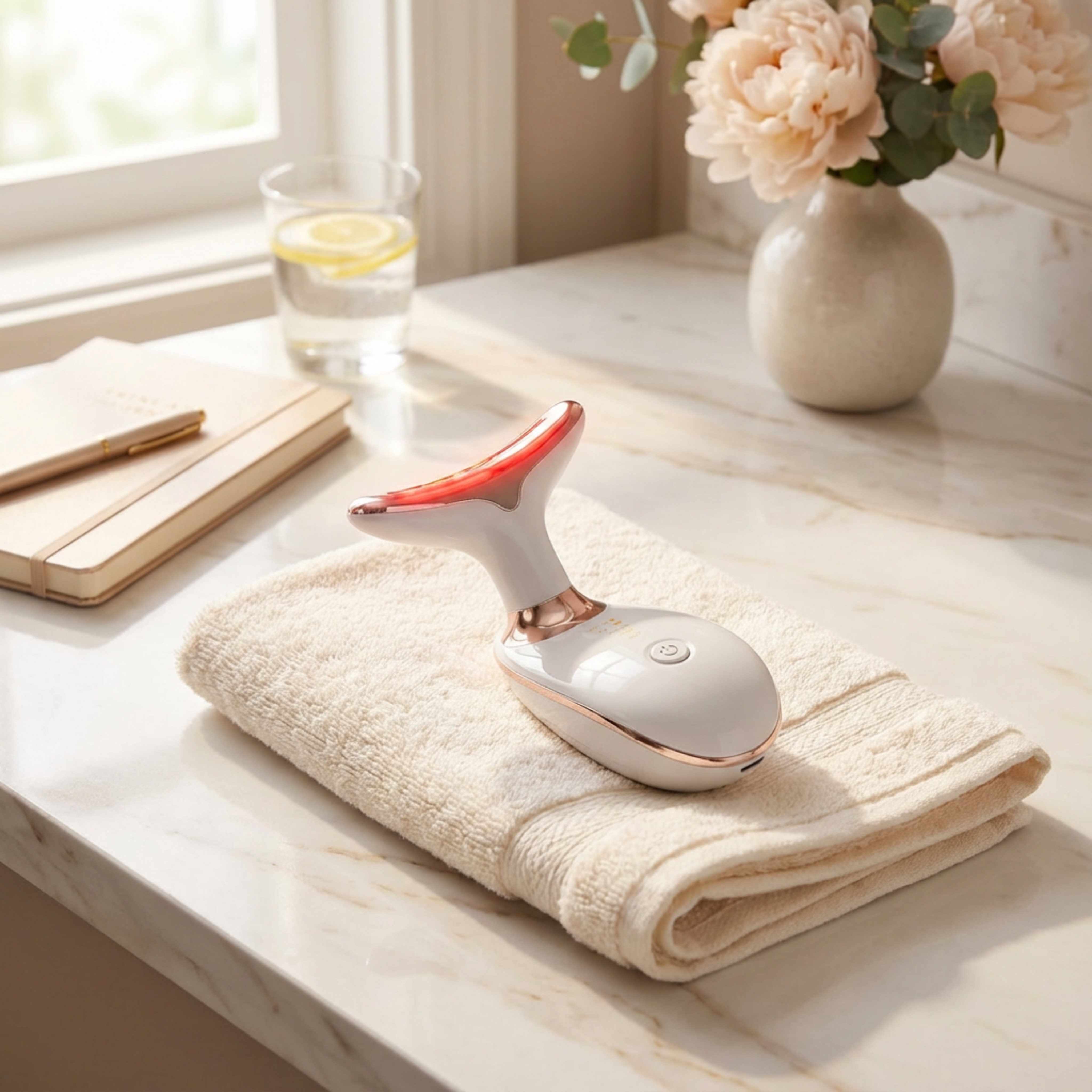 White handheld steamer on a folded towel on a wooden surface with a vase of flowers and glass in the background.